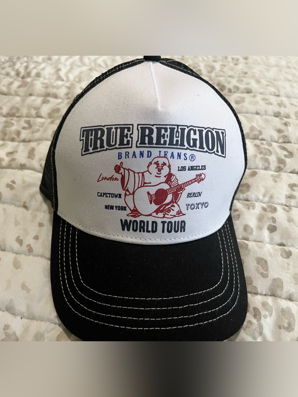 True Religion Black and White 'World Tour' Dog Cap with Red Accent